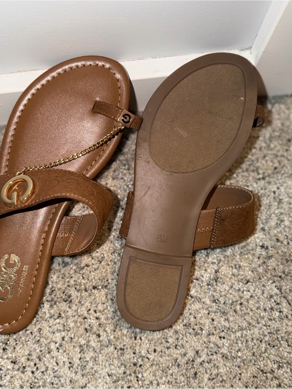 Others Follow Brown T-Strap Sandals with Gold Chain Accent